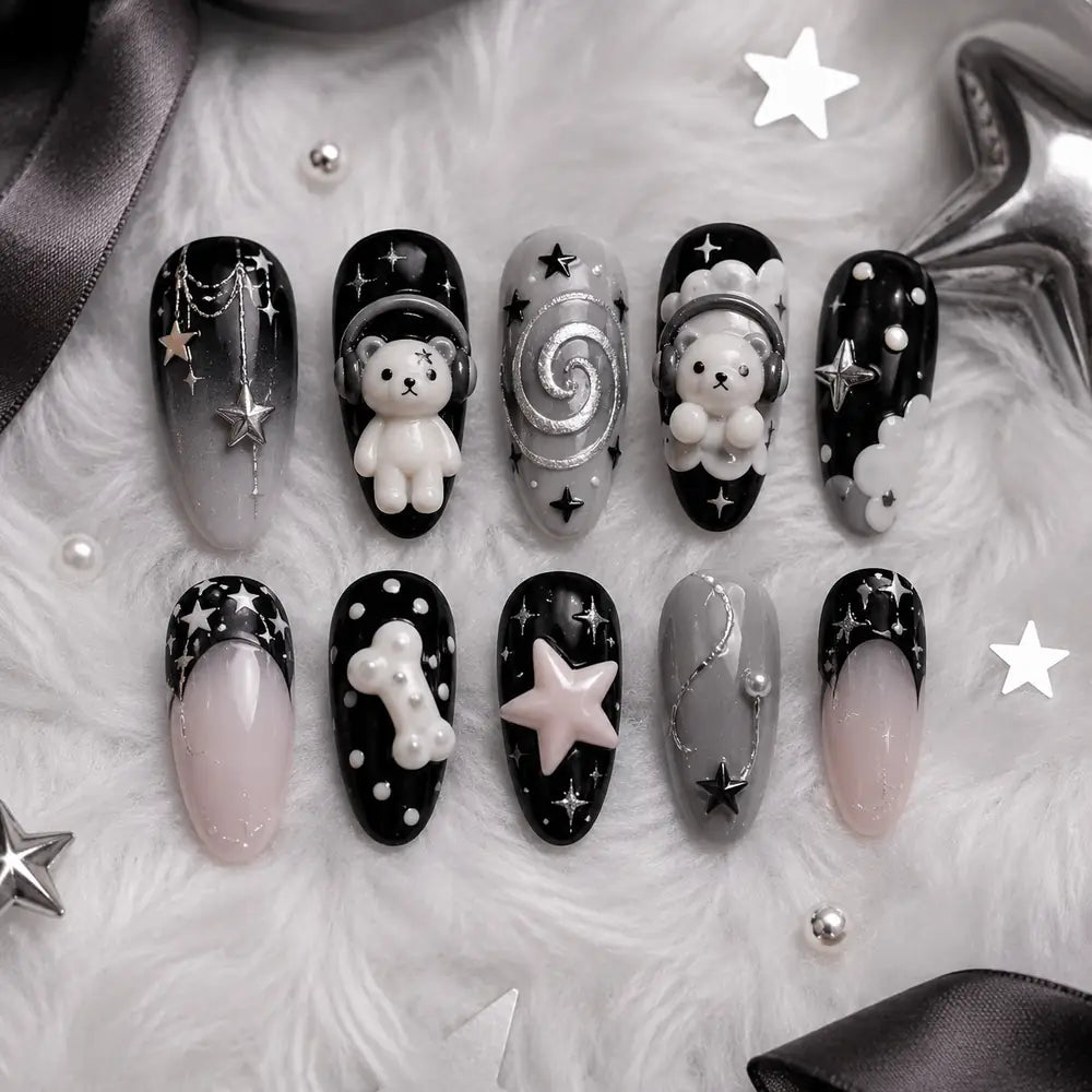Cosmic Teddy Headphones 3D Almond Press On Nails — image 2