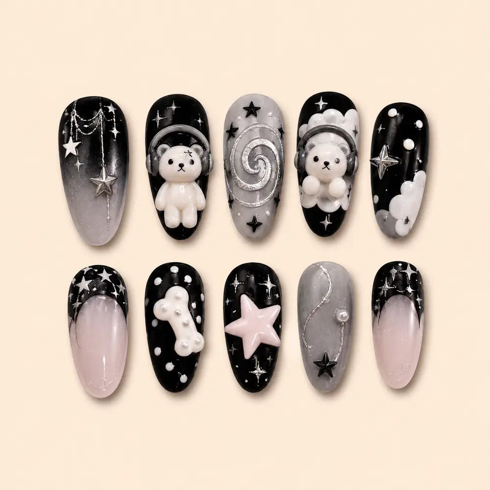 Cosmic Teddy Headphones 3D Almond Press On Nails — image 1