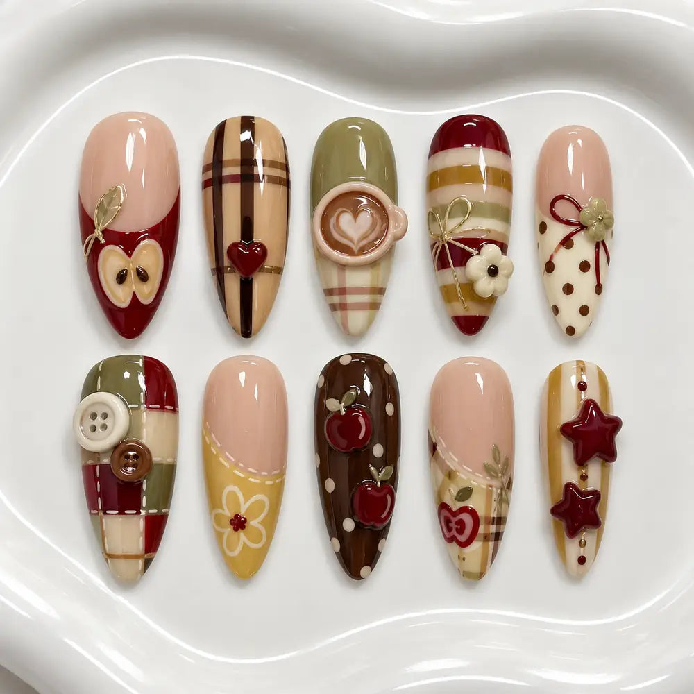 Cozy Apple Café Plaid 3D Press On Nails — image 2