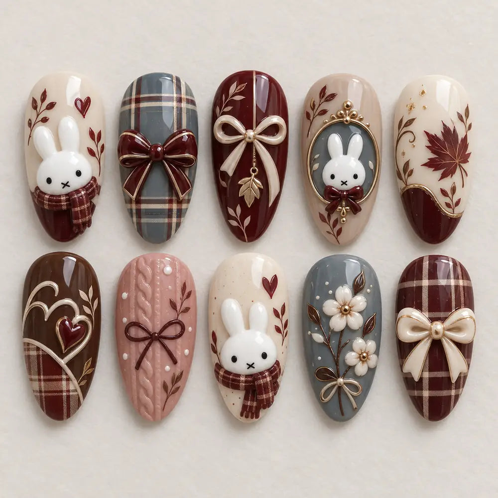 Cozy Autumn Bunny Plaid 3D Press On Nails — image 2