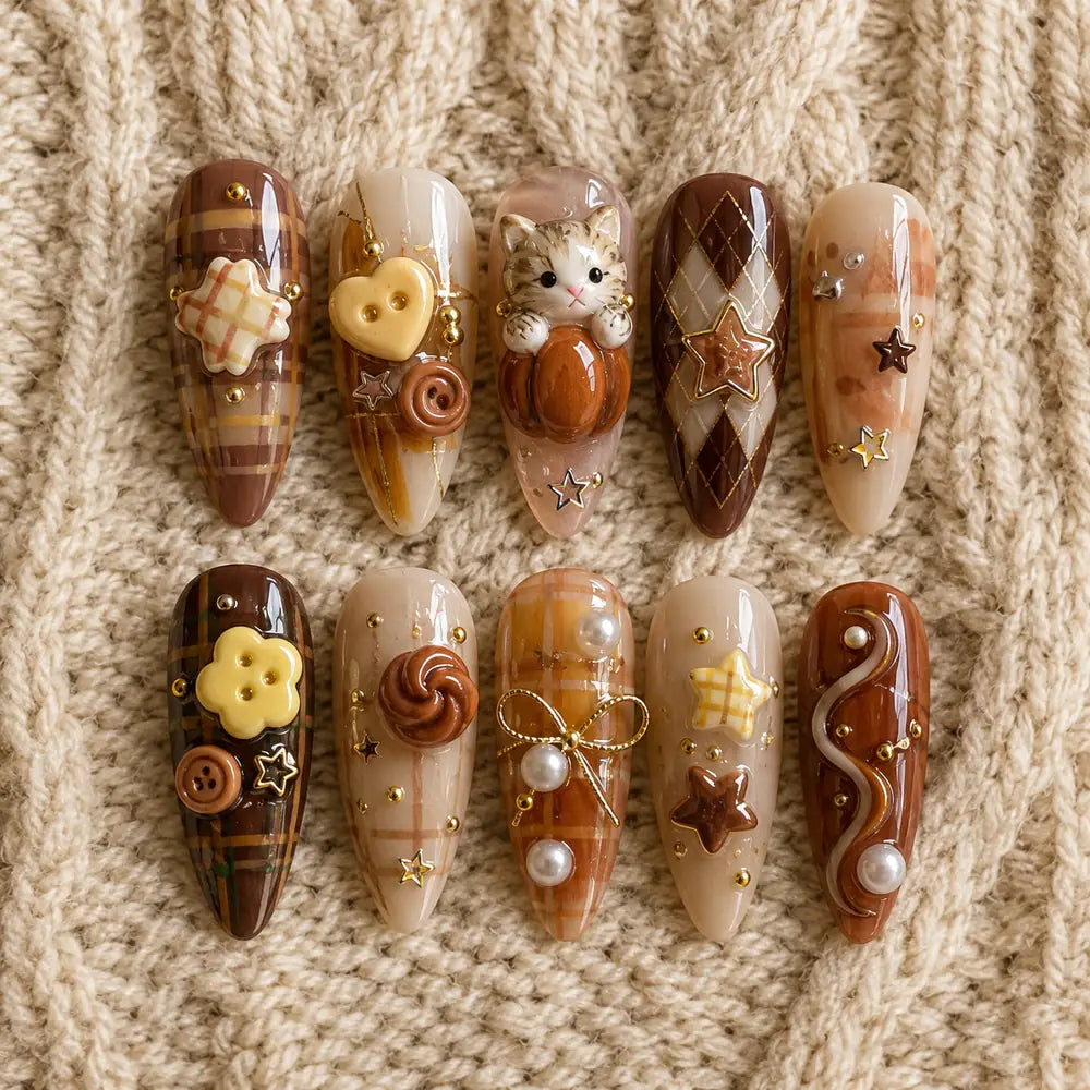Cozy Plaid Cat & Pumpkin 3D Thanksgiving Press On Nails — image 2