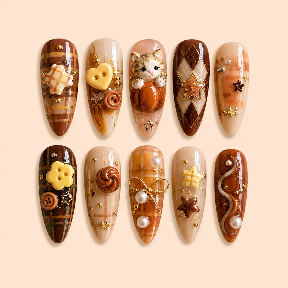 Cozy Plaid Cat & Pumpkin 3D Thanksgiving Press On Nails — image 1