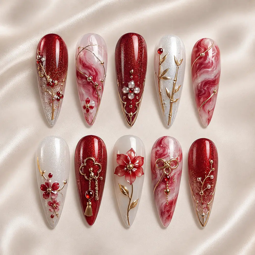 Crimson Botanical Blossom 3D Glitter Press On Nails — image 2