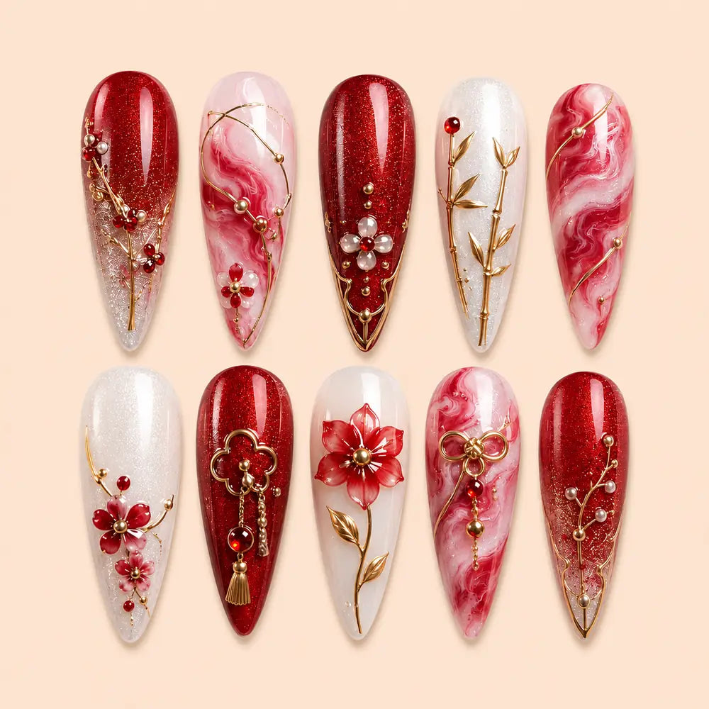 Crimson Botanical Blossom 3D Glitter Press On Nails — image 1