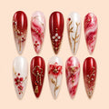 Crimson Botanical Blossom 3D Glitter Press On Nails — image 1