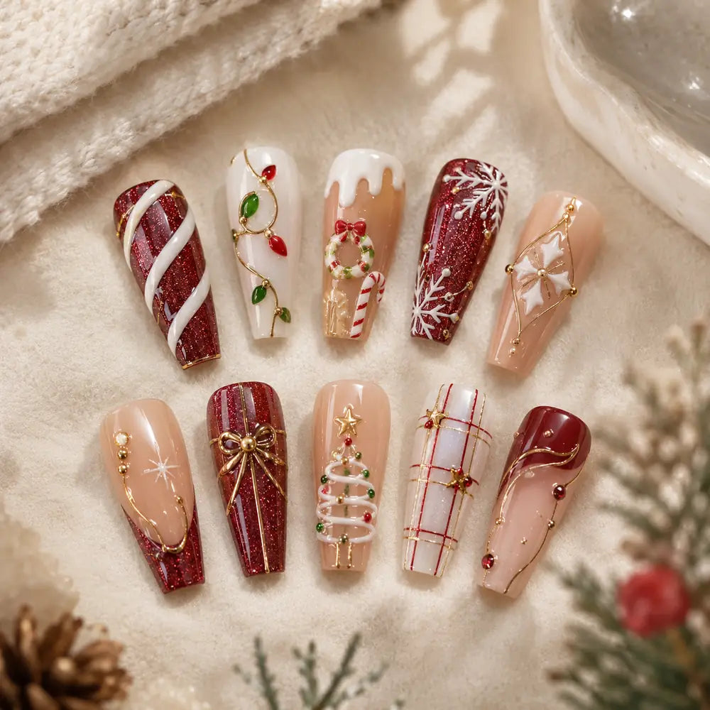 Crimson Christmas Gift & Candy Cane Press On Nails — image 2