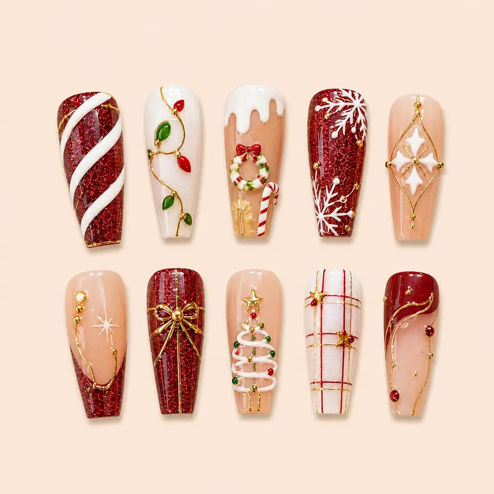 Crimson Christmas Gift & Candy Cane Press On Nails — image 1