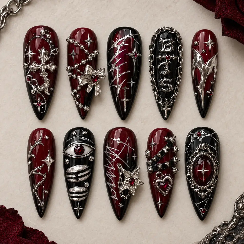 Crimson Cross & Chain Gothic Press On Nails — image 2