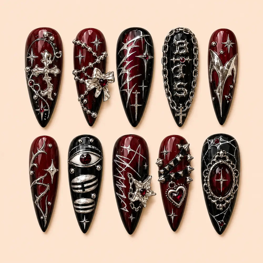 Crimson Cross & Chain Gothic Press On Nails — image 1