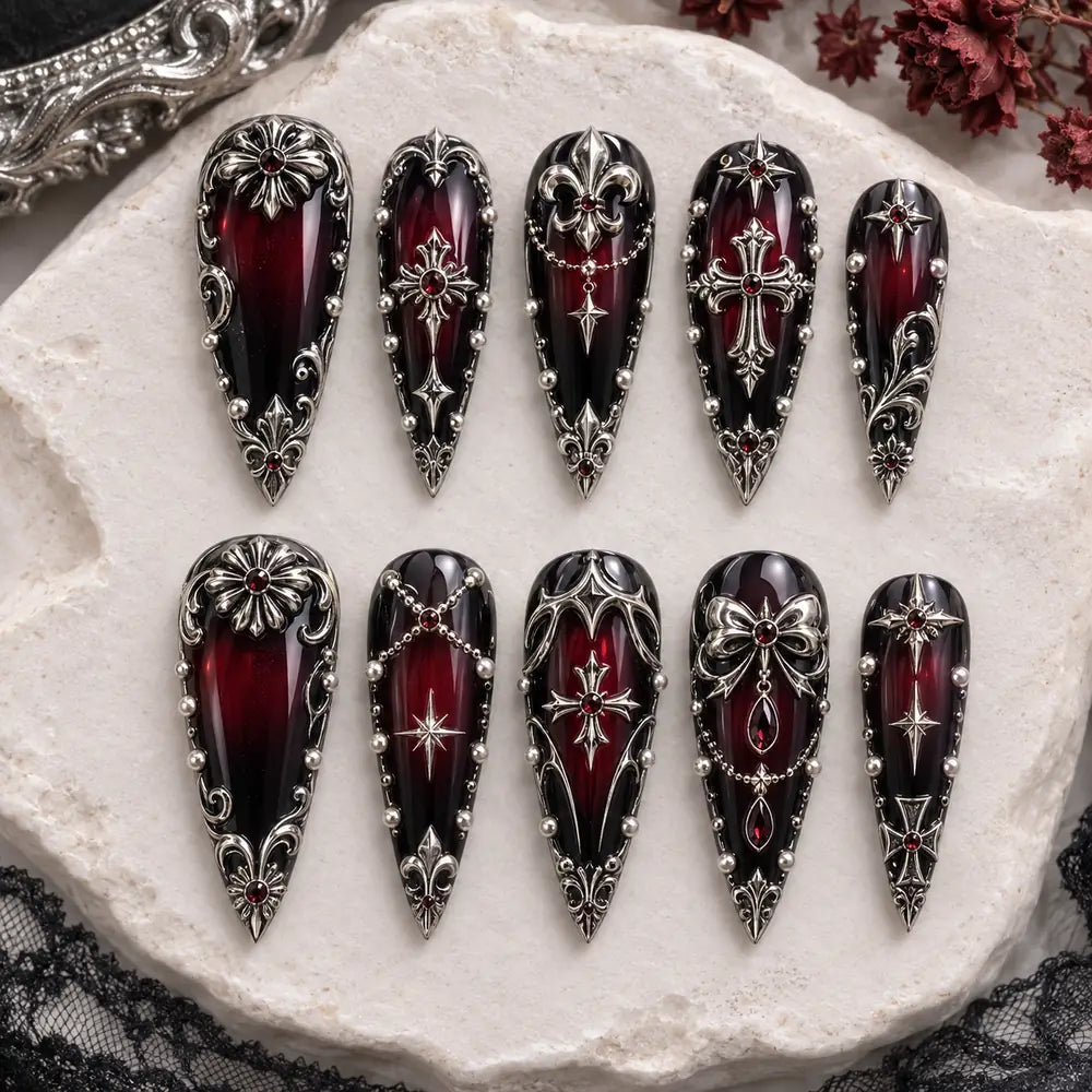 Crimson Gothic Cross 3D Rhinestone Press On Nails — image 2