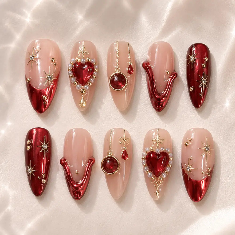 Crimson Heart Jewel Chrome Press On Nails — image 2