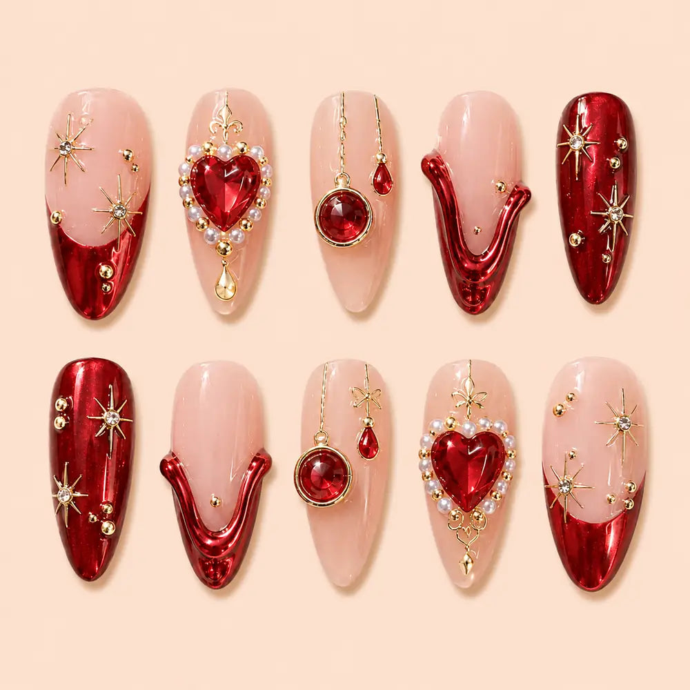 Crimson Heart Jewel Chrome Press On Nails — image 1