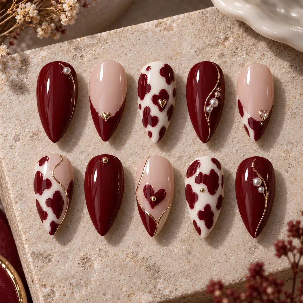 Crimson Hearts 3D Almond Press On Nails — image 2