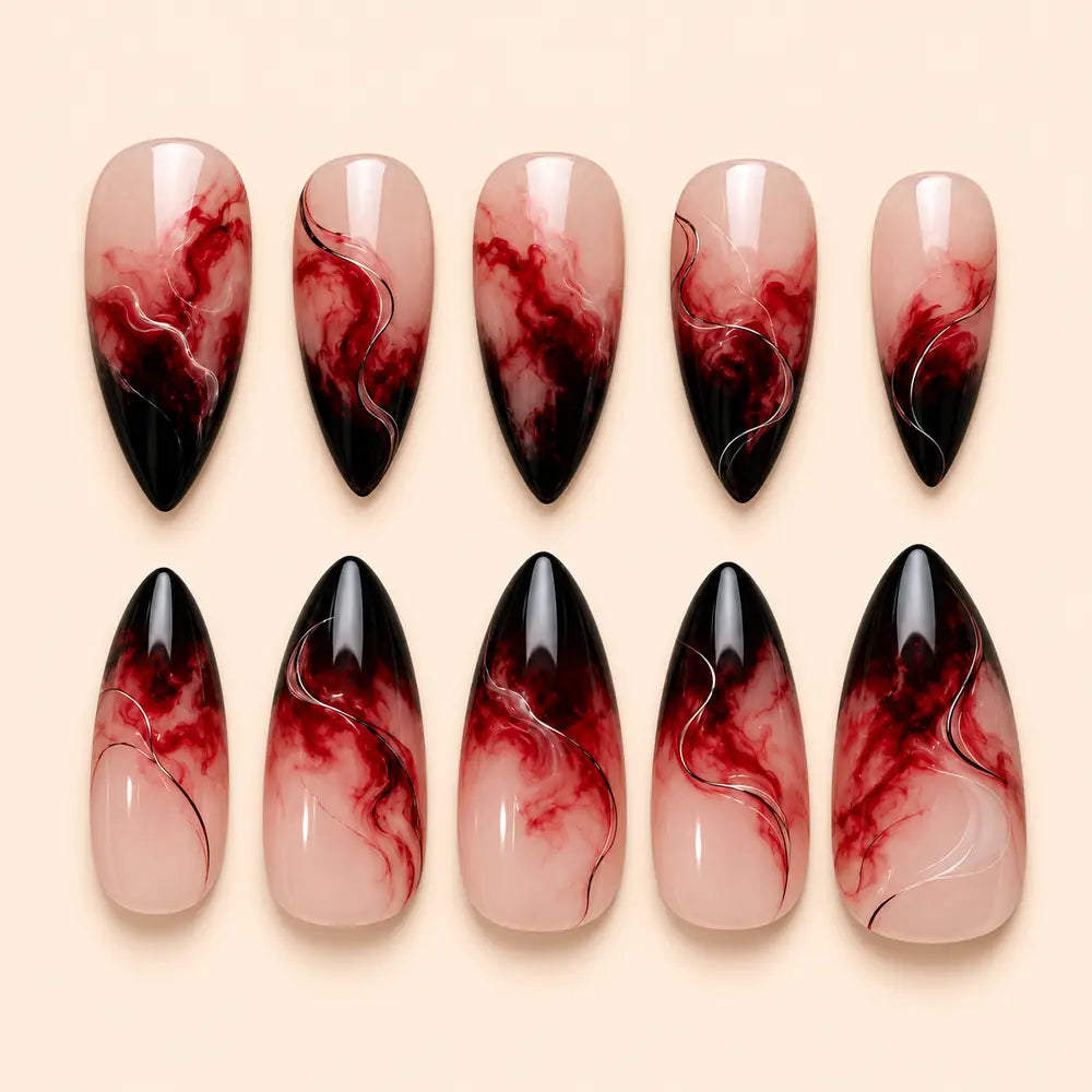 Crimson Smoke Marble Stiletto Press On Nails — image 1