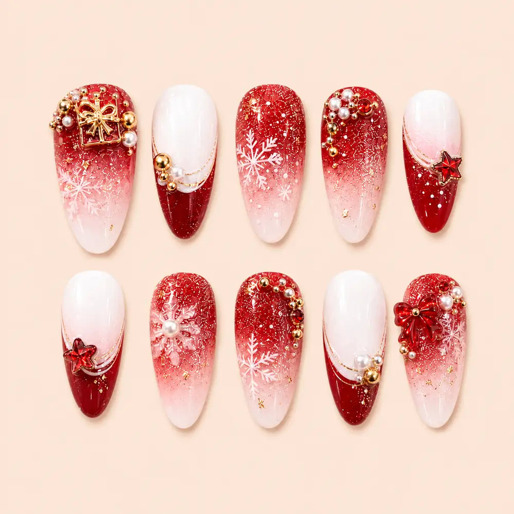 Crimson Snowflake Gift Bow Ombre Press On Nails — image 1
