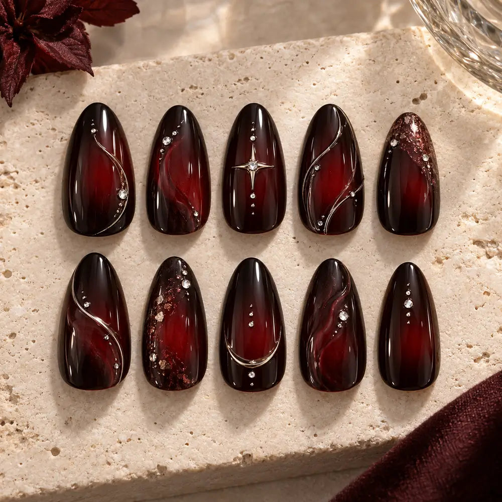Crimson Star Orbit Cat Eye Press On Nails — image 2