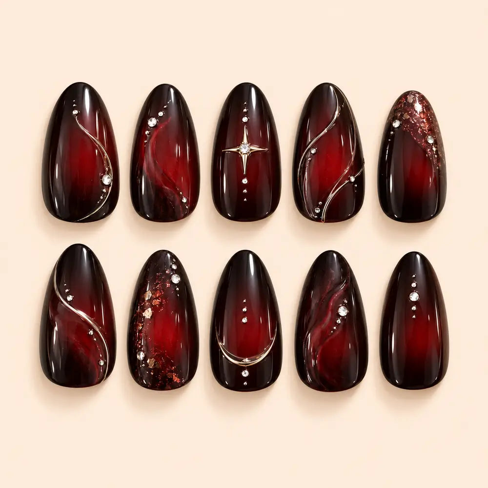 Crimson Star Orbit Cat Eye Press On Nails — image 1