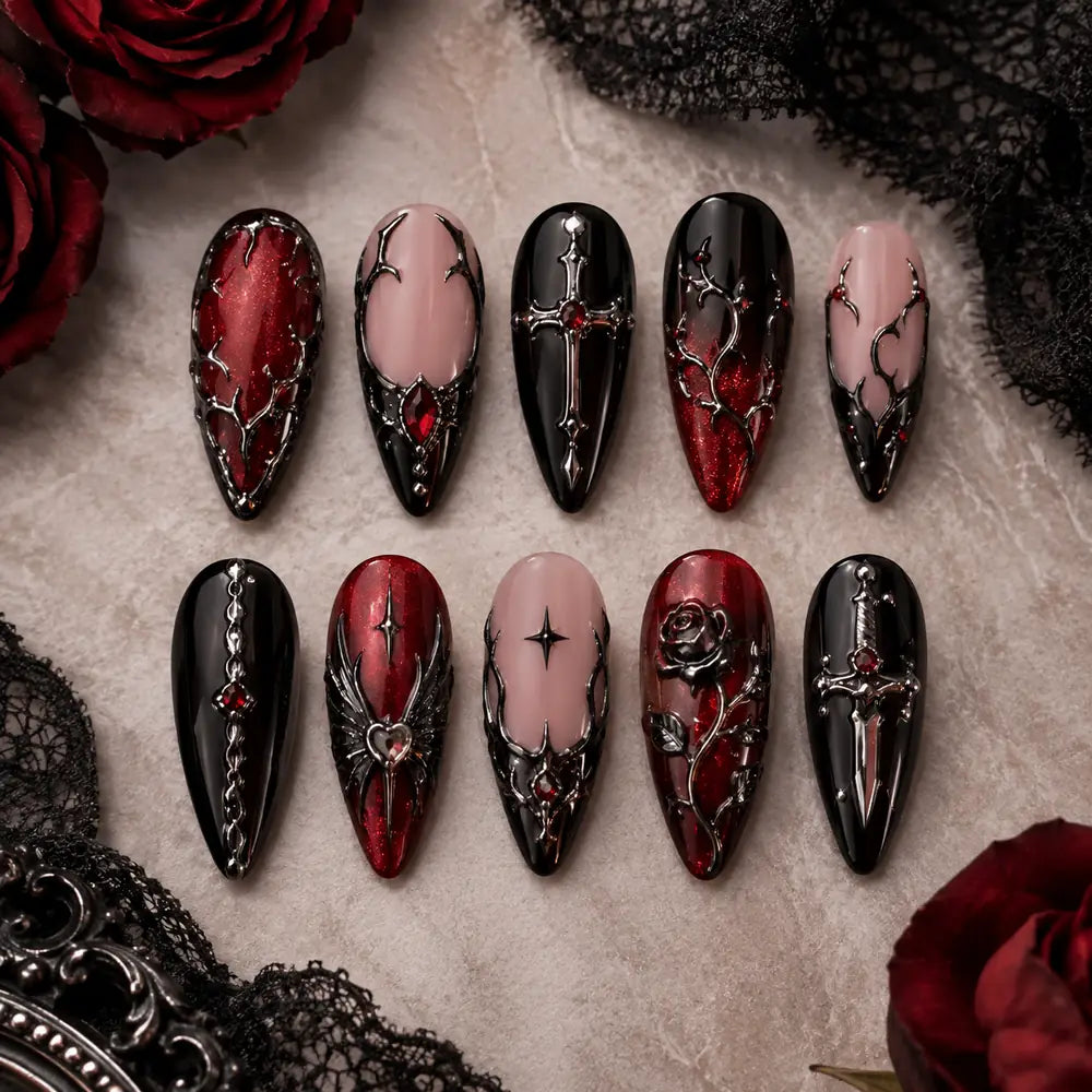 Crimson Sword & Rose Gothic Press On Nails — image 2