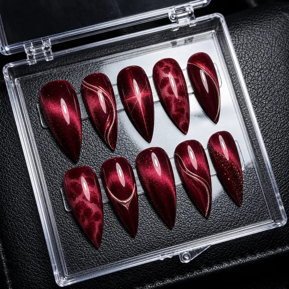 Crimson Wave Cat Eye Glitter Press On Nails — image 2