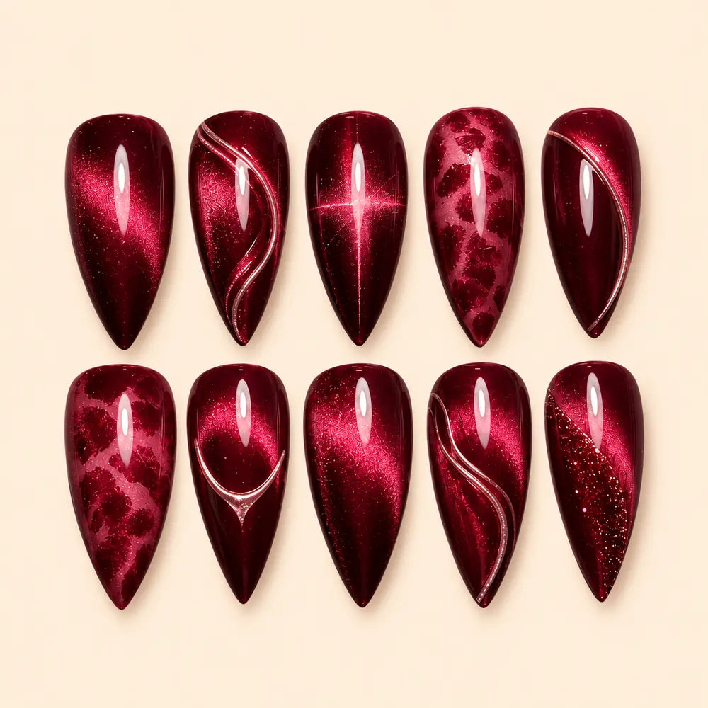 Crimson Wave Cat Eye Glitter Press On Nails — image 1