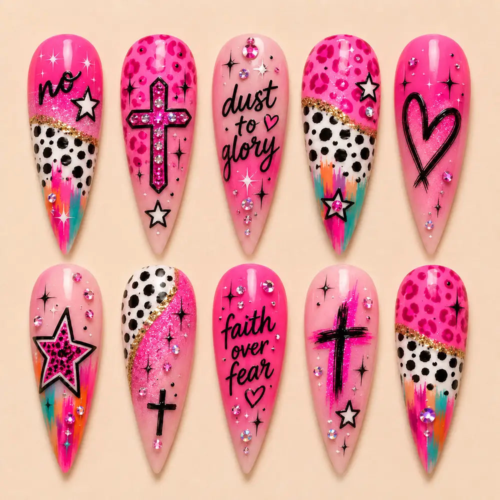 Cross & Leopard Print Glitter Press On Nails