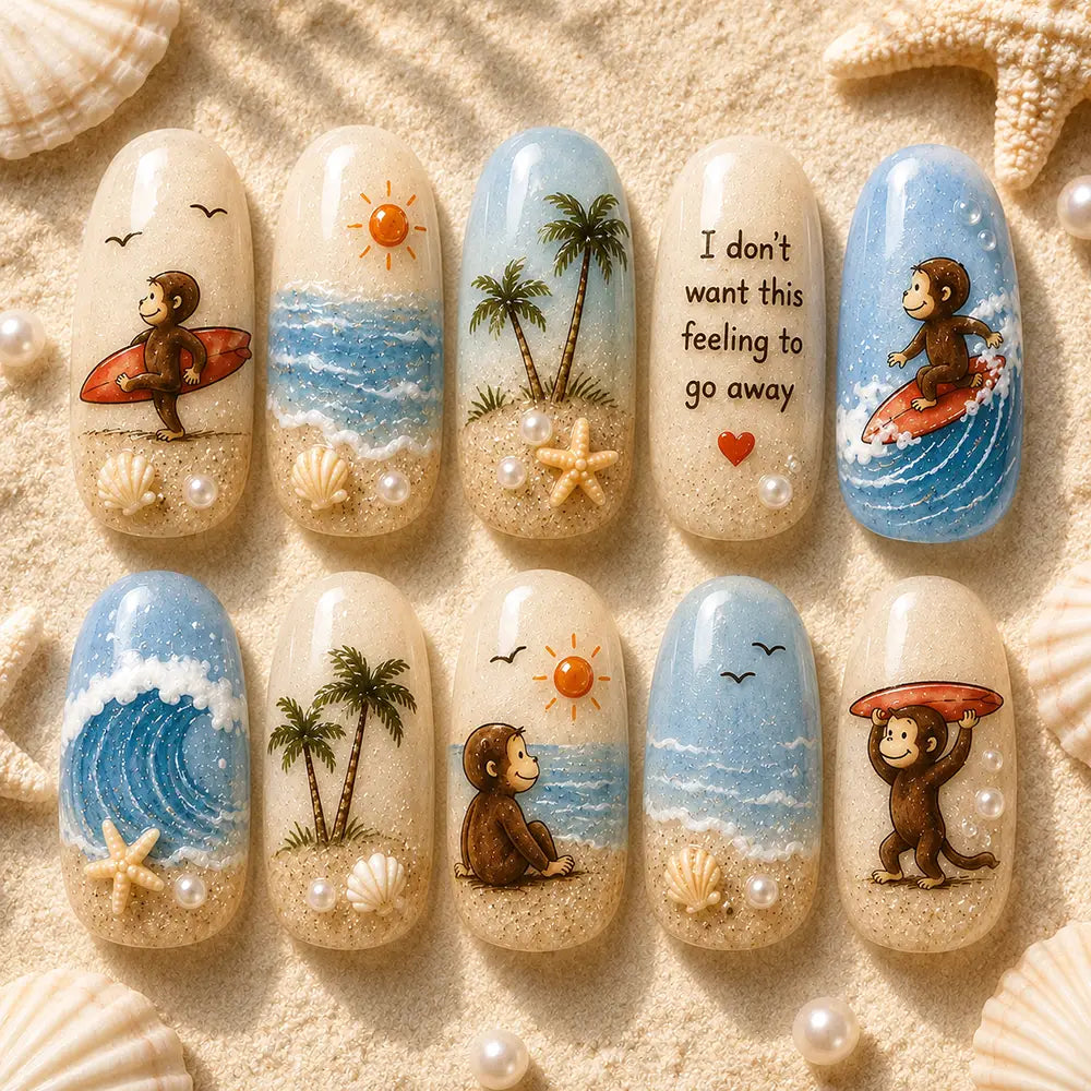 Curious Monkey Beach Vacation Press On Nails