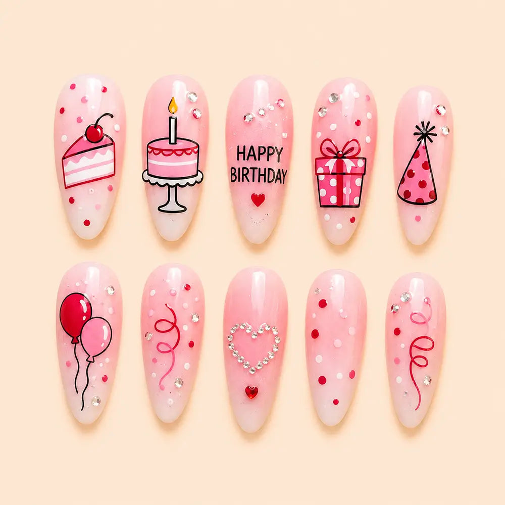 Cute Birthday Cake & Gift Rhinestone OmbrePress On Nails