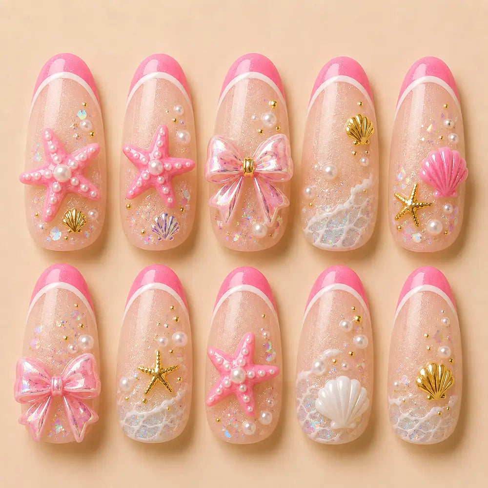 Cute Coastal Beach Starfish Pearl French Tip Press On Nails