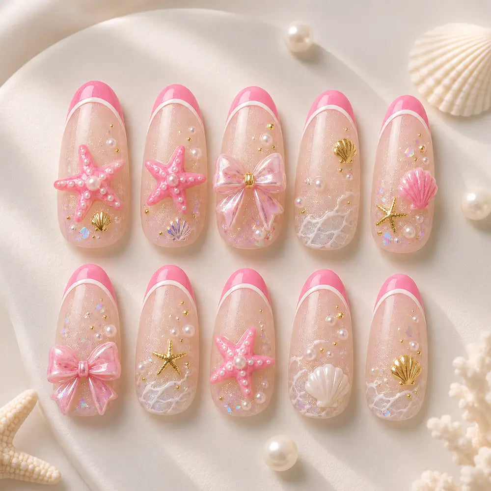 Cute Coastal Beach Starfish Pearl French Tip Press On Nails