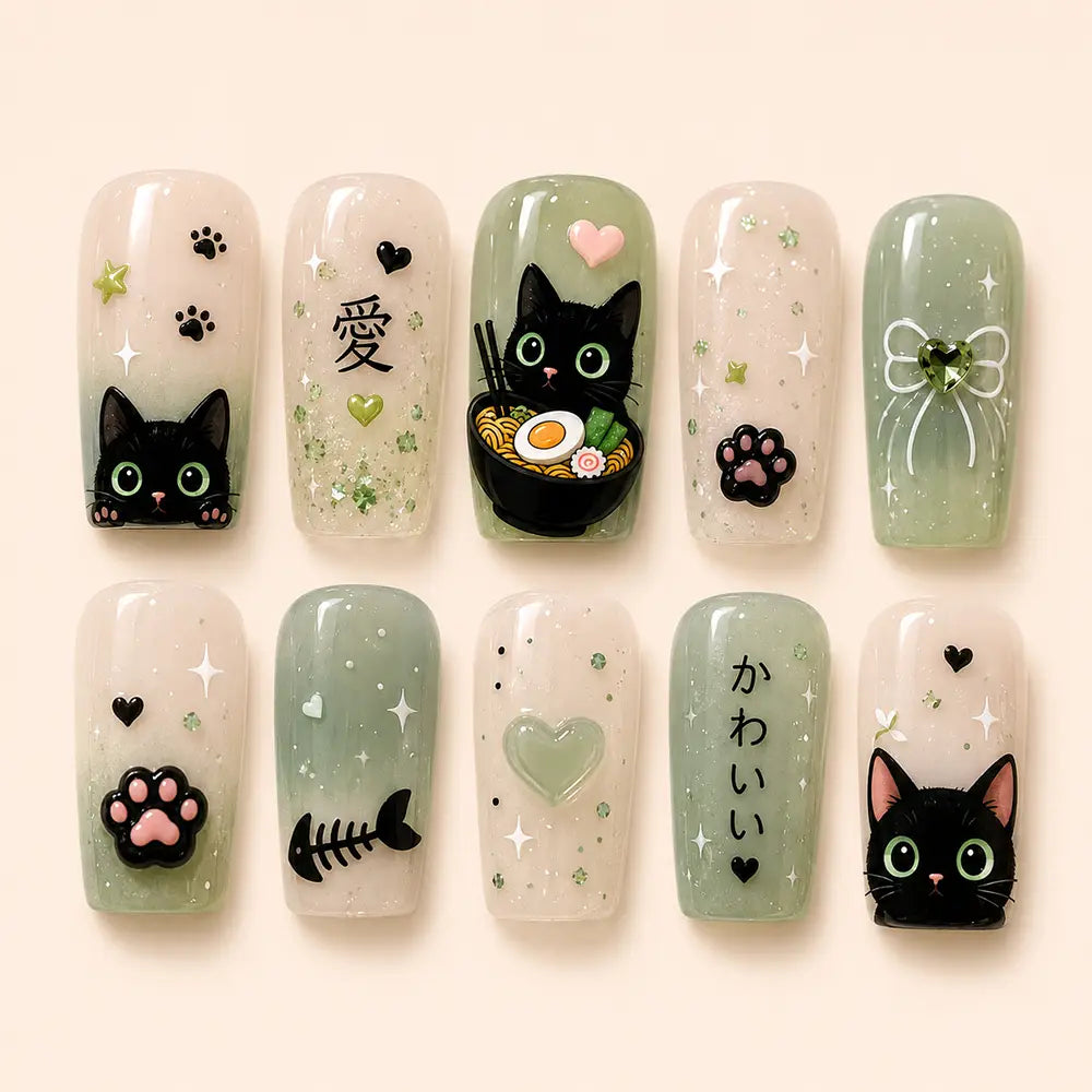 Cute Kawaii Black Cat Ombre Cat Eyes Press On Nails