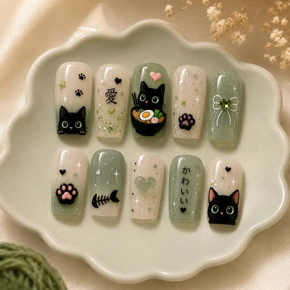 Cute Kawaii Black Cat Ombre Cat Eyes Press On Nails