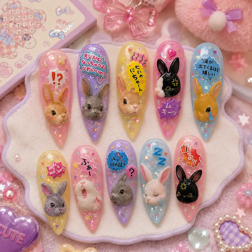 Cute & Kawaii Bunny Pastel Jelly Glitter Press On Nails