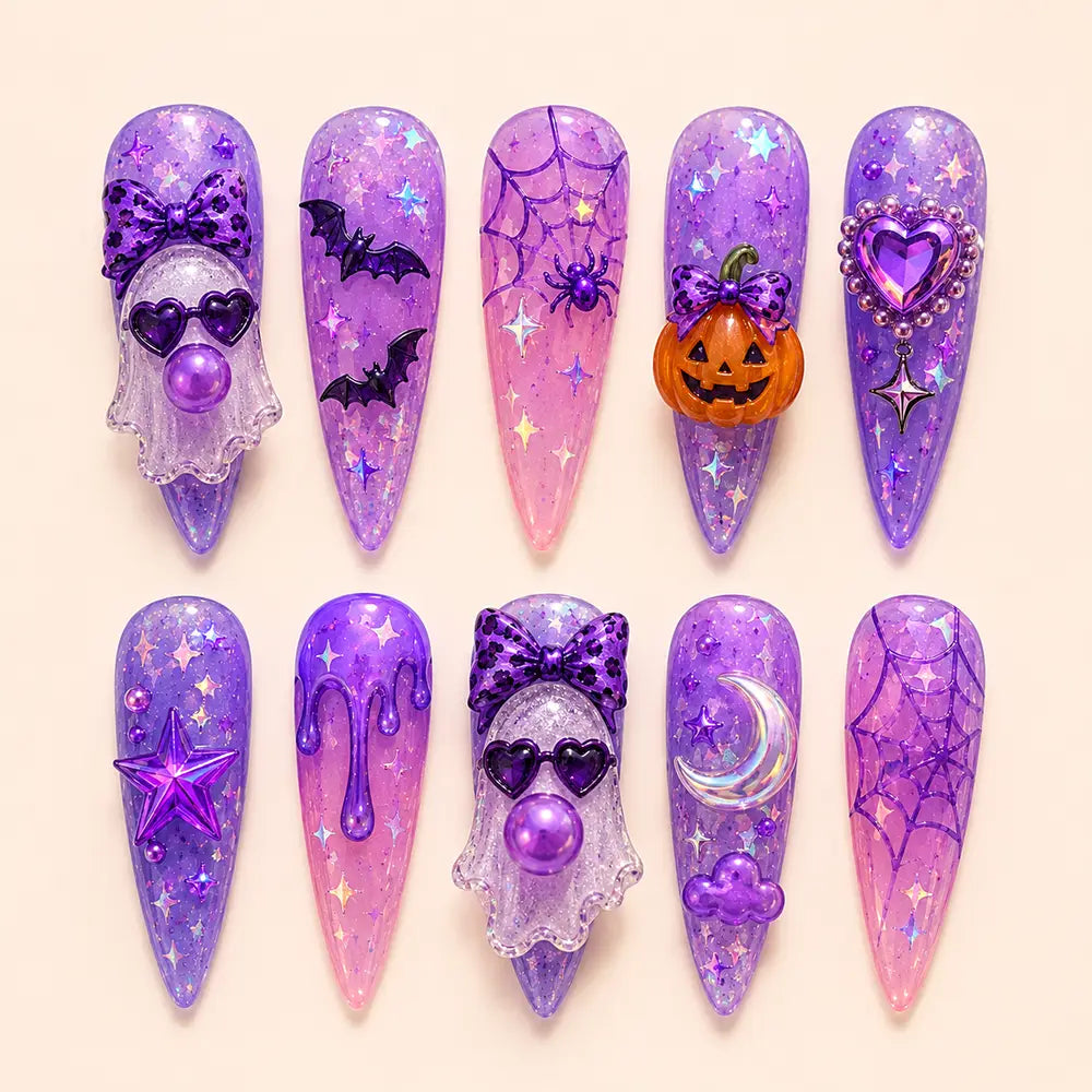 Cute Kawaii Halloween Ghost Cat Ombre Press On Nails