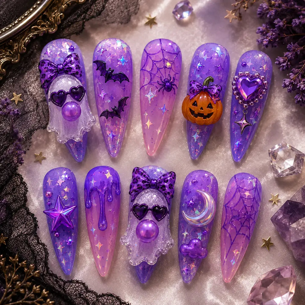 Cute Kawaii Halloween Ghost Cat Ombre Press On Nails