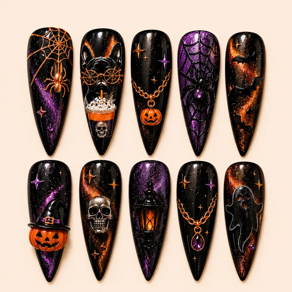 Cute Kawaii Halloween Ghost Pumpkin Glitter Press On Nails