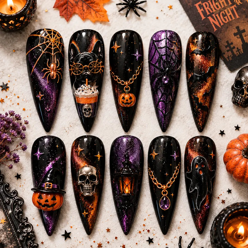 Cute Kawaii Halloween Ghost Pumpkin Glitter Press On Nails