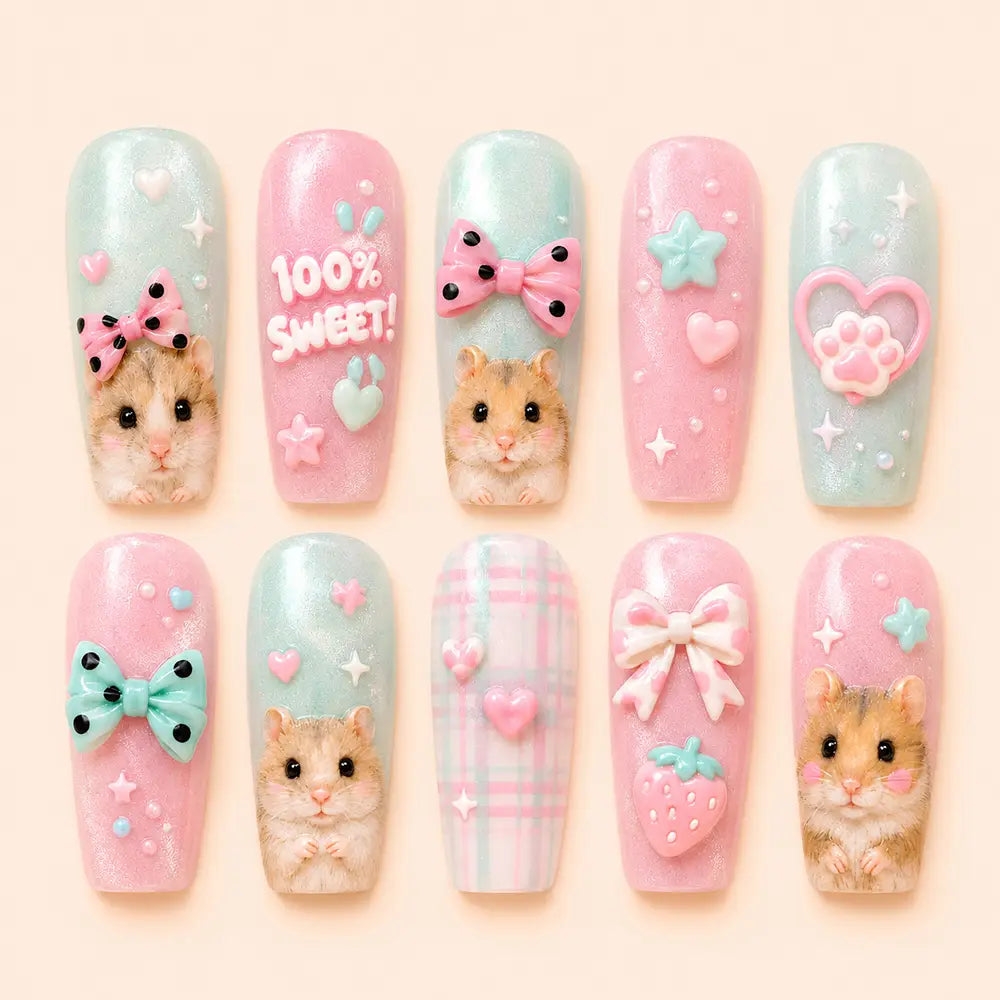 Cute & Kawaii Hamster & Strawberry Cat Eye Press On Nails