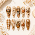 Cute Kawaii Thanksgiving Highland Cow Pumpkin Marble Press On Nails