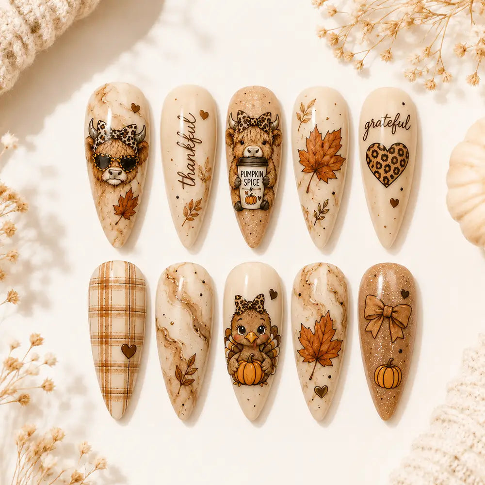 Cute Kawaii Thanksgiving Highland Cow Pumpkin Marble Press On Nails