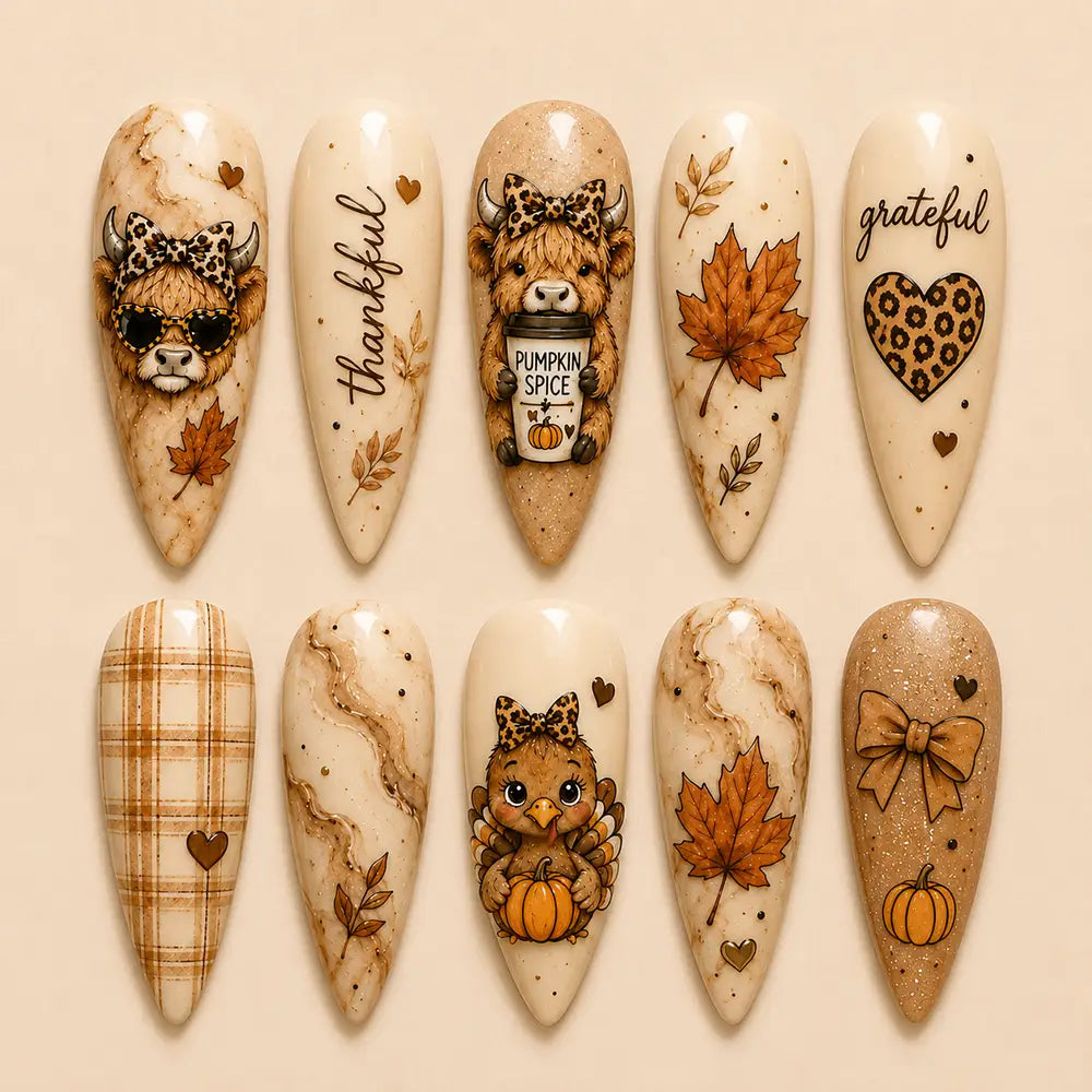 Cute Kawaii Thanksgiving Highland Cow Pumpkin Marble Press On Nails