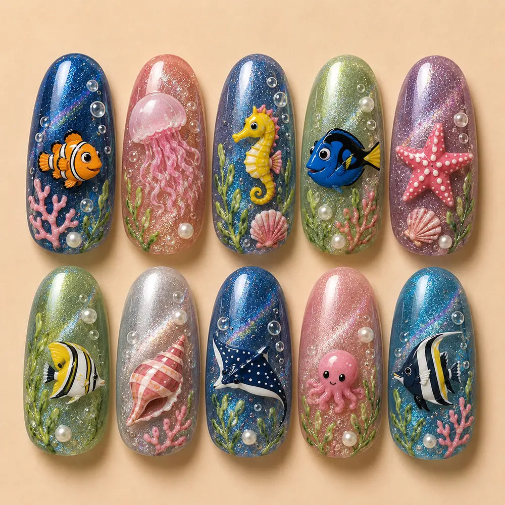 Cute Ocean Friends Cat Eye Pearl Press On Nails