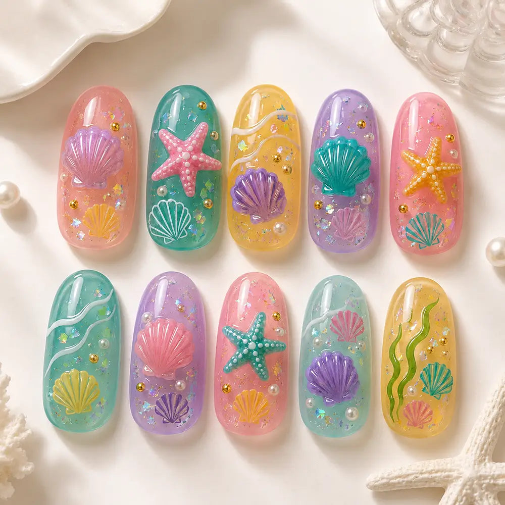 Cute Pastel Mermaid Seashell Starfish Jelly Press On Nails