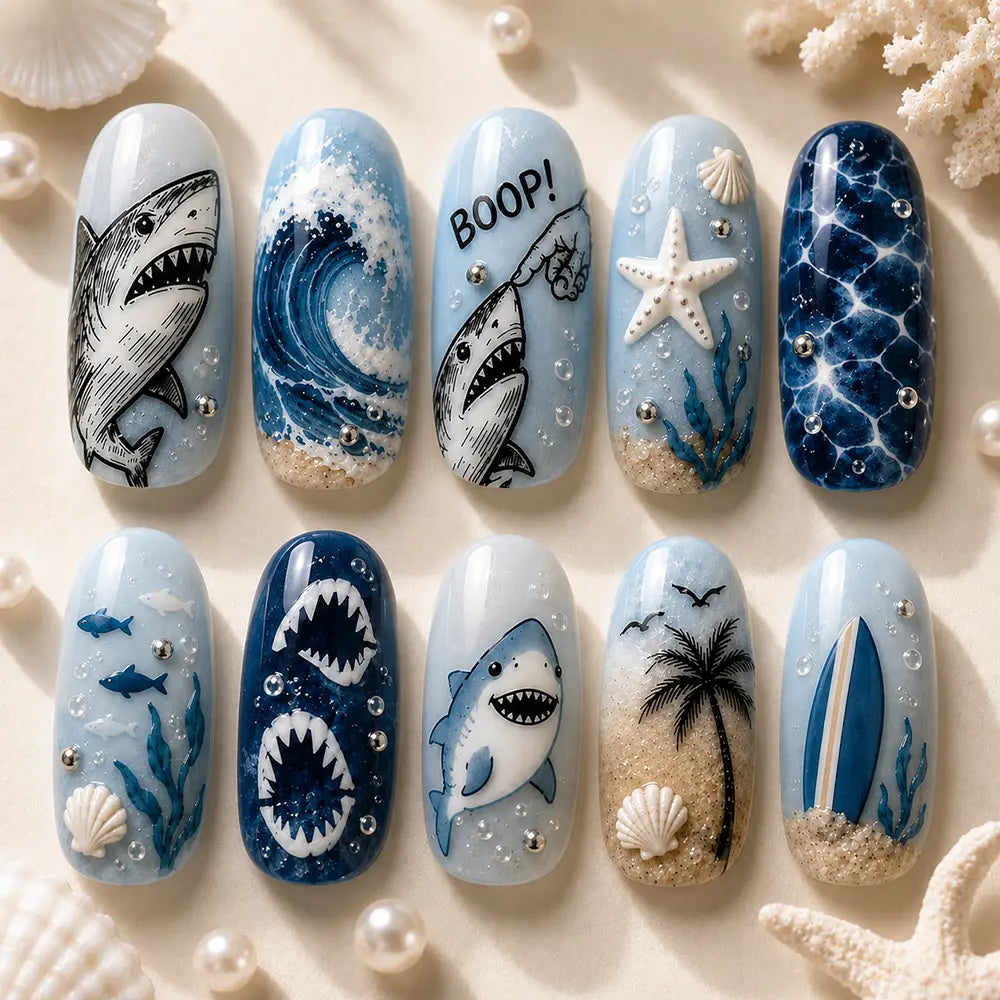 Cute Shark Ocean Beach Summer Press On Nails