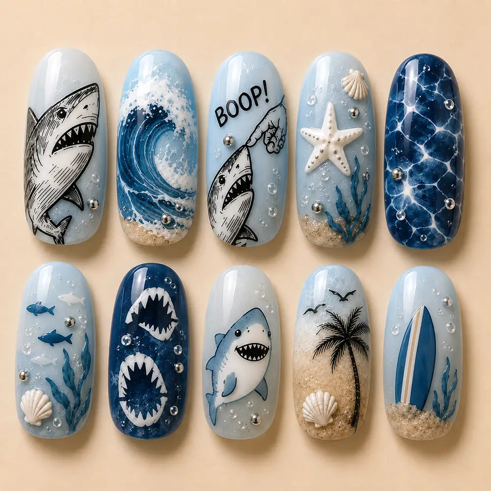 Cute Shark Ocean Beach Summer Press On Nails
