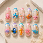 Cute Summer Ocean Creatures 3D French Tip Press On Nails