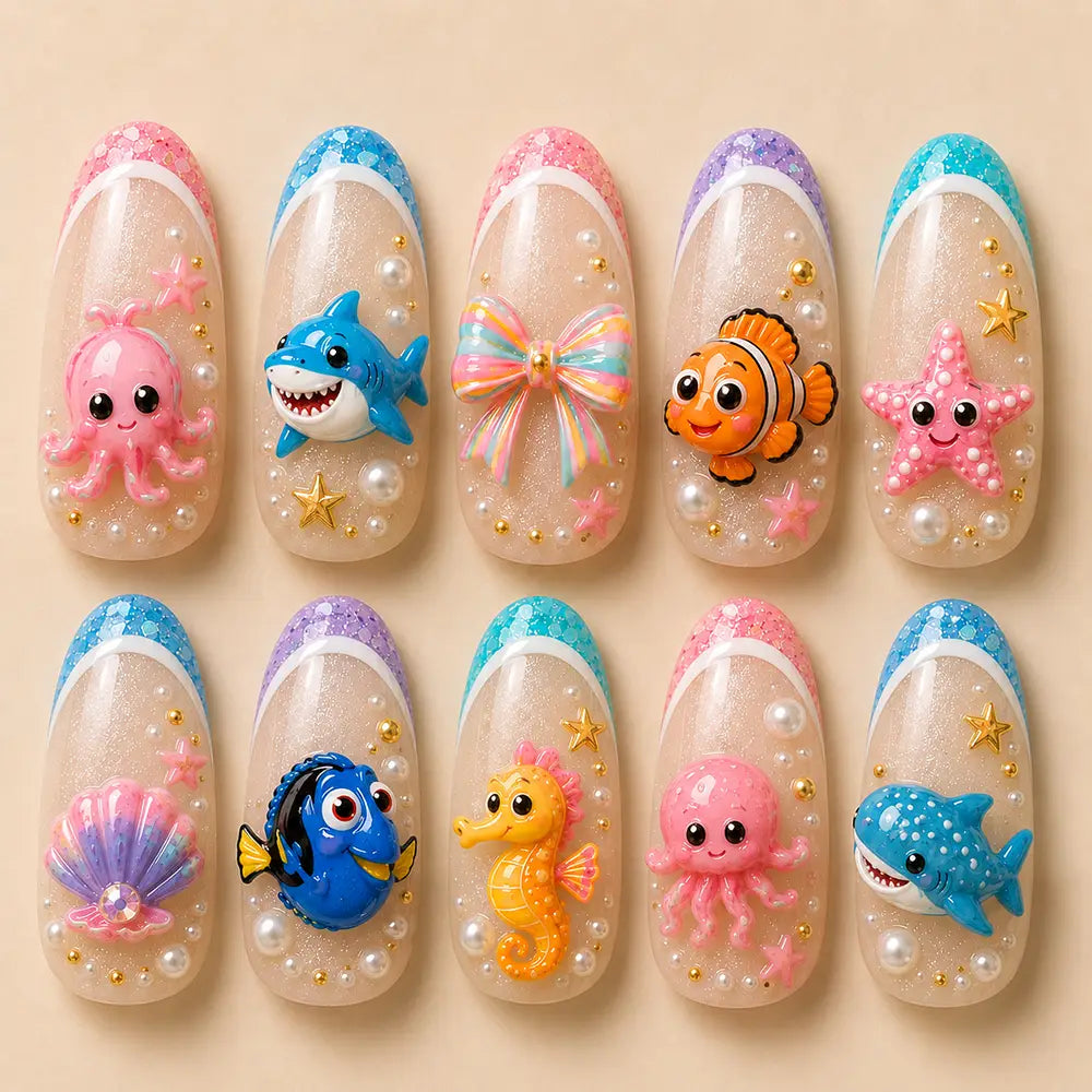 Cute Summer Ocean Creatures 3D French Tip Press On Nails