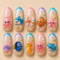 Cute Summer Ocean Creatures 3D French Tip Press On Nails
