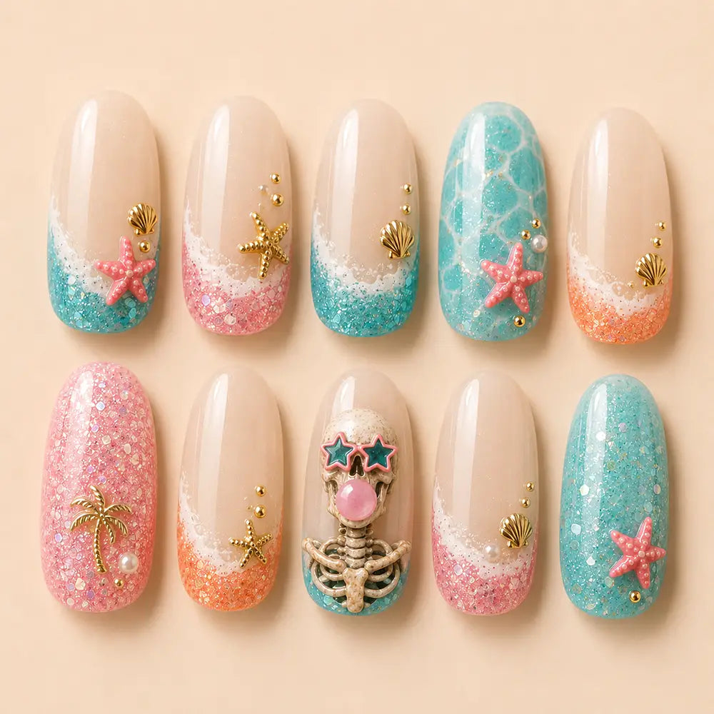 Cute Summerween Beach Skeleton Glitter Press On Nails