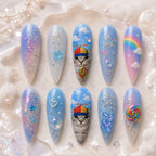Cute Y2K Kawaii Birthday Rainbow Kitty Glitter Press On Nails