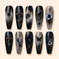 Dark Gothic Blue Floral Rhinestone 3D Press On Nails